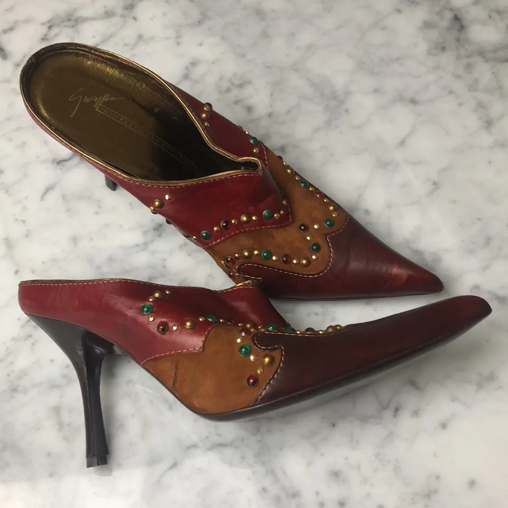 Giuseppe Zanotti design Size 7.5 Two-Tone Red & Brown Studded Pointed-Heel Mules - Picture 2 of 10